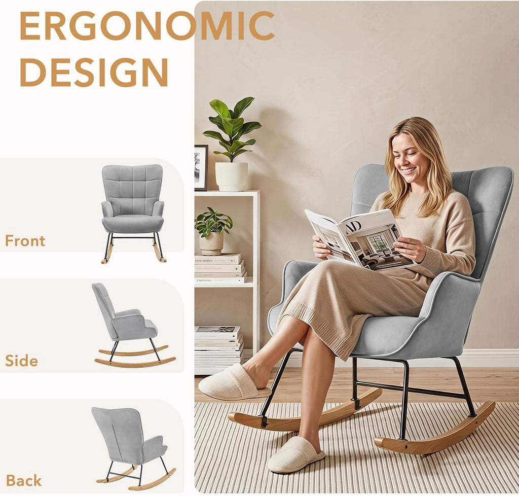 Furniliving Nursery Rocking Chair Modern Armchair Upholstered Glider Rocking Chair Nursery Chair Reading Chair with High Backrest Solid Wood Base for Bedroom, Living Room, Grey, Waterproof Velvet