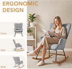 Furniliving Nursery Rocking Chair Modern Armchair Upholstered Glider Rocking Chair Nursery Chair Reading Chair with High Backrest Solid Wood Base for Bedroom, Living Room, Grey, Waterproof Velvet