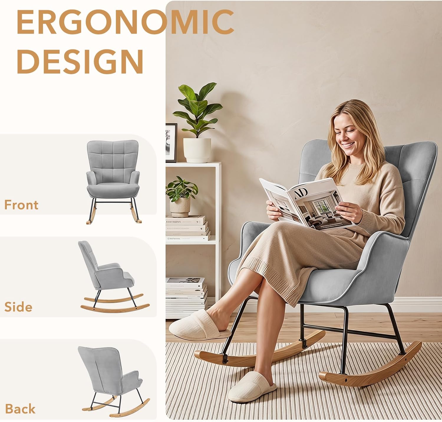 Furniliving Nursery Rocking Chair Modern Armchair Upholstered Glider Rocking Chair Nursery Chair Reading Chair with High Backrest Solid Wood Base for Bedroom, Living Room, Grey, Waterproof Velvet