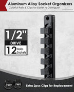 1/2" Magnetic Socket Holder Organizer - Aluminum Alloy Socket Rail Tray for Tool Box Drawer, Socket Rack with Extra 2Pcs Replacement Clips for Automotive Garage(Black)