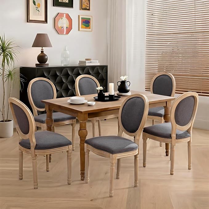 French Country Dining Chairs Set of 6,Farmhouse Upholstered Dining Room Chairs with Round Back and Solid Leg,Fabric Kitchen Side Chairs for Kitchen/Bedroom/Dining Room,Gray