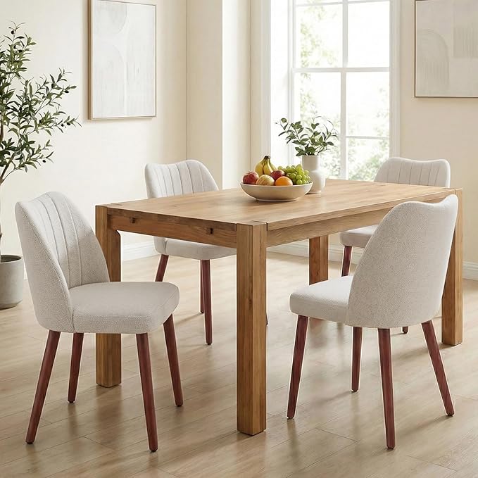 Wooden Dining Chairs Set of 4, Dining Room Chairs with Wood Legs, Upholstered Dining Chairs Modern Fabric Kitchen Chairs with Back for Kitchen/Living Room/Restaurant, Tool-Free Assembly, White