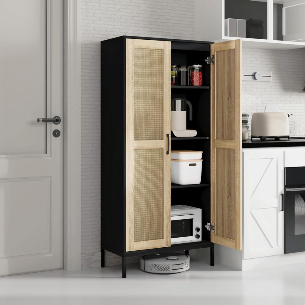 60" Tall Kitchen Pantry with 2 Rattan Doors and 3 Adjustable Shelves,Fre...