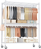 Homdox 3 Tier Garment Rack with Wheels, Portable Closets for Hanging Clothes Heavy Duty, Closet Racks and Shelving with Double Hanger Rods & Side Hooks, White