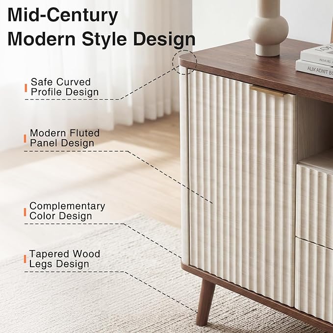 55"W TV Stand Fit up to 65-inch TVs, Mid-century Modern Entertainment Center with LED, Fluted Wood TV Table with 2 Drawers & Storage Cabinets, Media Console for Living Room & Bedroom, Beige