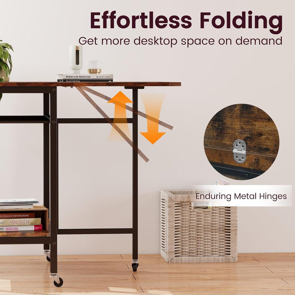 GOFLAME Folding Dining Table, Rolling Kitchen Table with Wine Rack and Storag...