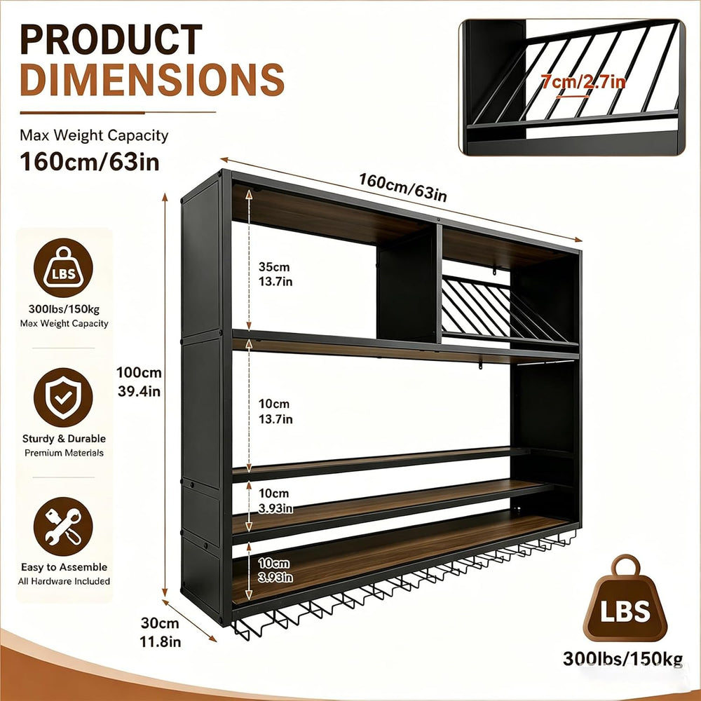63in Large Wall Mounted Wine Rack with LED Lights, Metal & Wood Floating ...