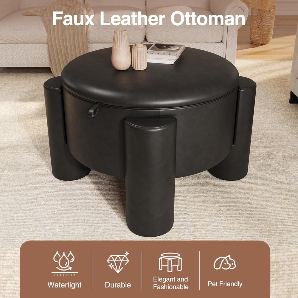 FiveWillowise Round Ottoman Coffee Table with Storage,24" Faux Leather S...