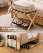 Luggage Rack, Heavy-Duty Bamboo Foldable Suitcase Stand with Storage Shelf, Fits Up to 28" Luggage, Space-Saving Organizer Holder for Guest Room, Bedroom, Hotel, Dorm and Entryway, Natural(2 Pack)