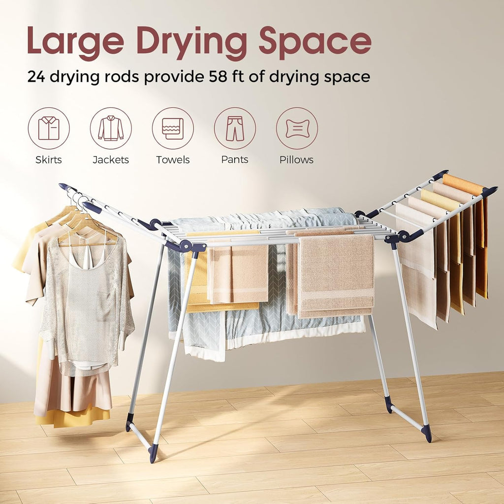 APEXCHASER Clothes Drying Rack Foldable, Large Drying Rack Clothing, Winged Laundry Rack Folding Indoor Outdoor, Metal Clothes Airer for Bedding Towel Sweater Heavy Duty, 68.9" X 22" X41.3", White