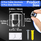 6 Sets Charger Holders for Cords, Black Adjustable Cable Anchor Holders, Adhesive Metal Cord Clips, Cable Management Wire Organizers for Desk, Office, Nightstand