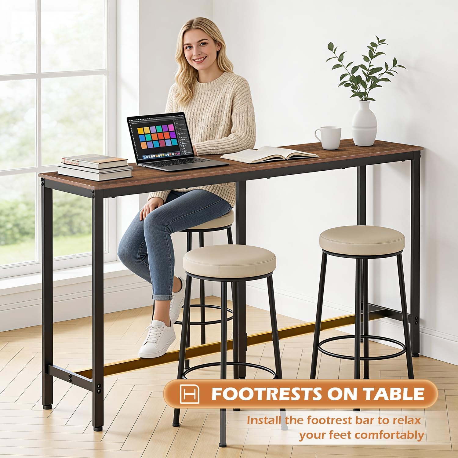 FDW 71” Bar Table, Bar Height Pub Table with Sturdy Legs & Adjustable Foot Pads, Counter Height Dining Table for Bar, Pub, Kitchen, Dining Room, Coffee Shop – Brown