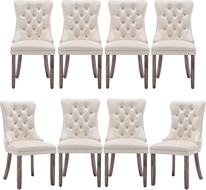 Mid Century Modern Dining Chair Set of 8 Velvet Upholstered Dining Accent Chair Farmhouse Dining Chairs with High Back and Nailhead Trim for Kitchen, Living Room, Bedroom (Beige)