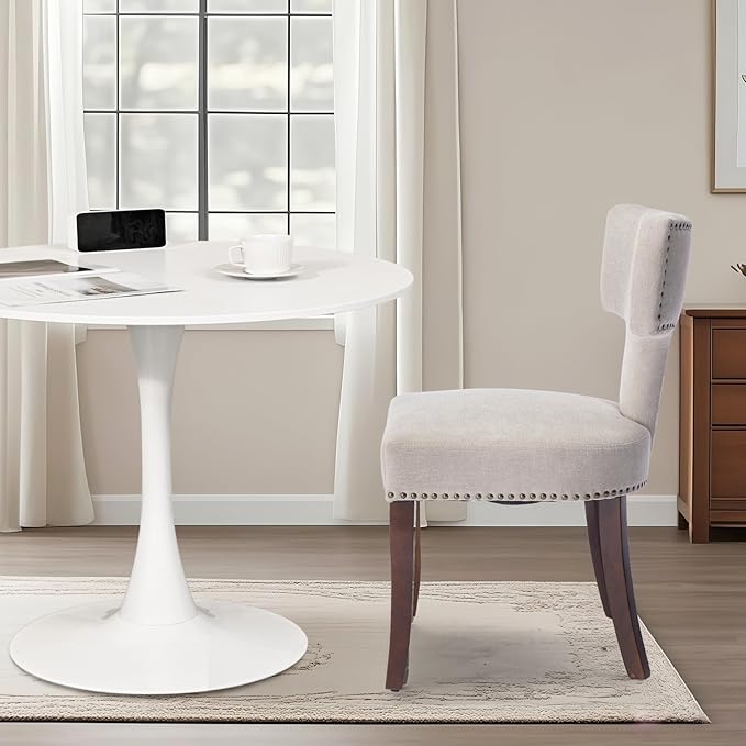 3-Piece 31.5" Round Dining Table Set for 2 with Upholstered Chairs – Space-Saving Modern Small Kitchen Cafe Bistro Set(T-Back Beige Linen Chair)
