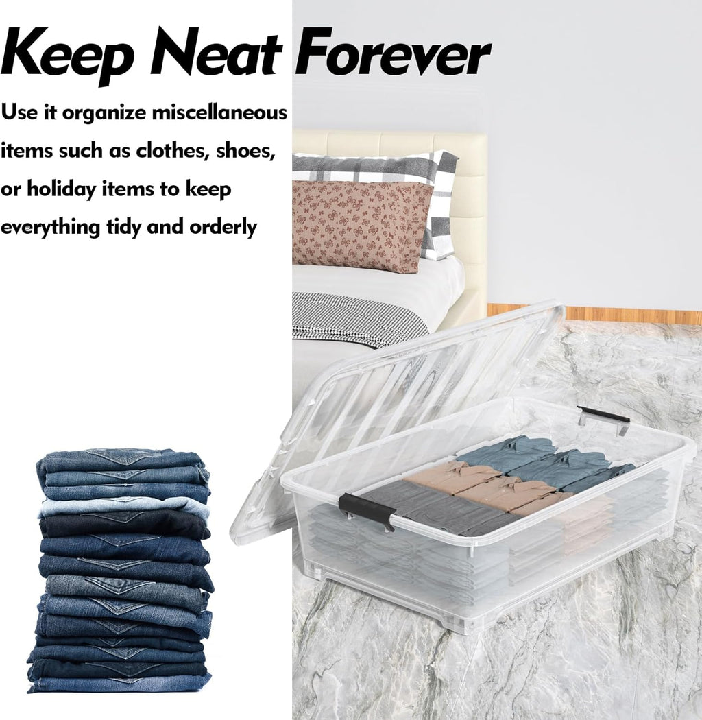 3 Packs 50 Liter Under Bed Storage Container with Wheels, Plastic Clear Under the Bed Organizer Bins with Lids