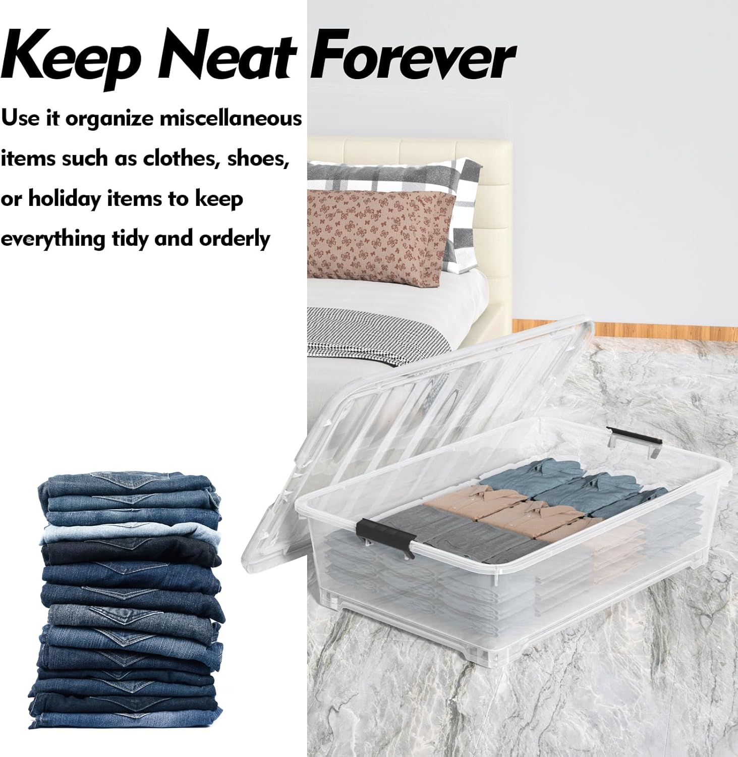 3 Packs 50 Liter Under Bed Storage Container with Wheels, Plastic Clear Under the Bed Organizer Bins with Lids