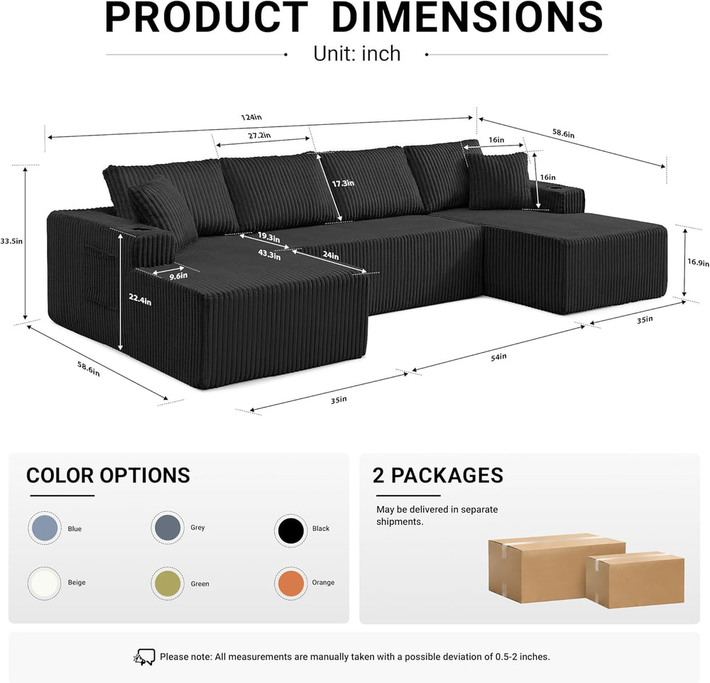ivoros 125" Cloud Couch Sectional, Modular Sofa with Cup Holder and Stor...