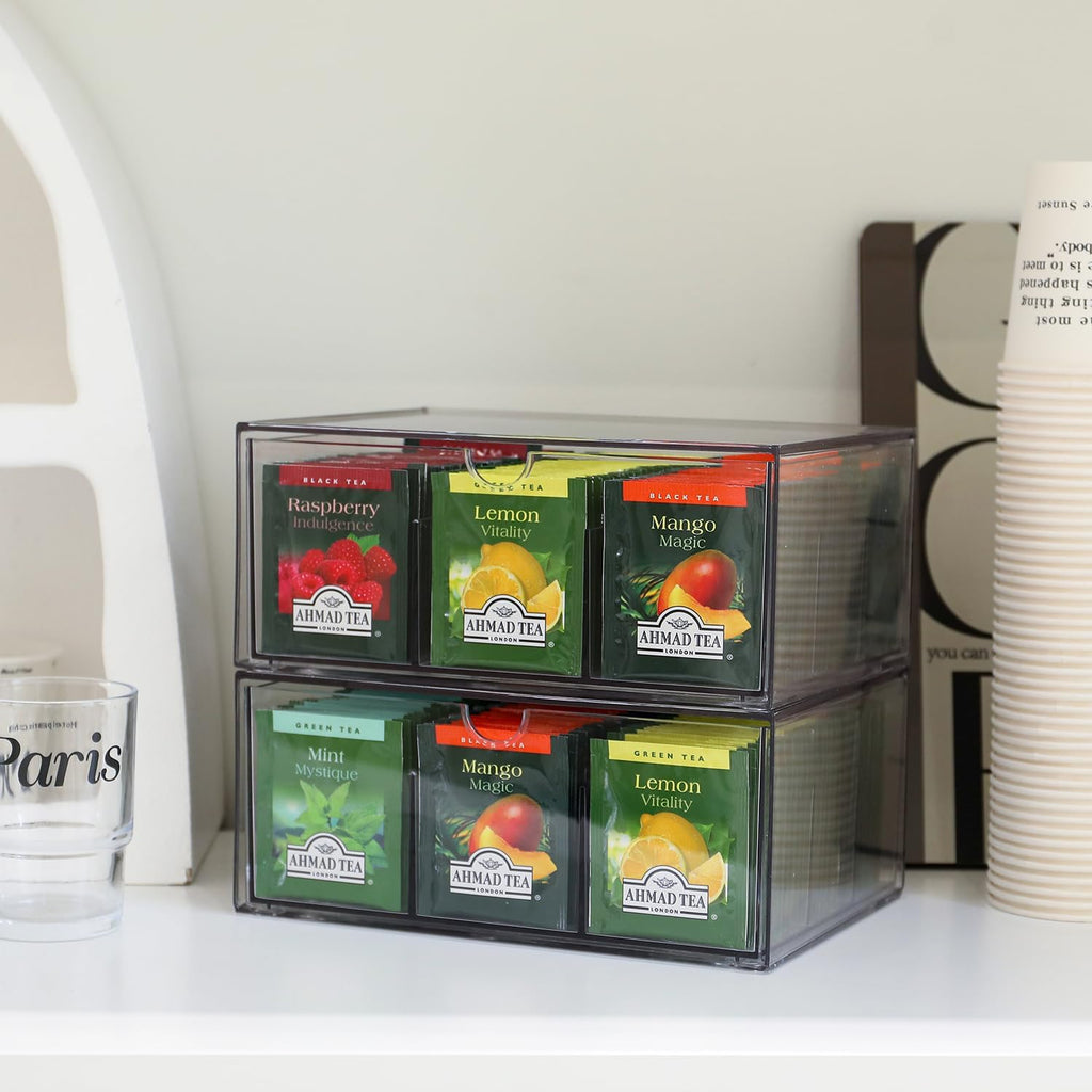 2 Large Acrylic Tea Bag Organizer, 9 Grids Tea Organizers and Storage with Acrylic Drawers Stackable, Teabag Holder Organizer for Counter Countertop Kitchen Cabinet