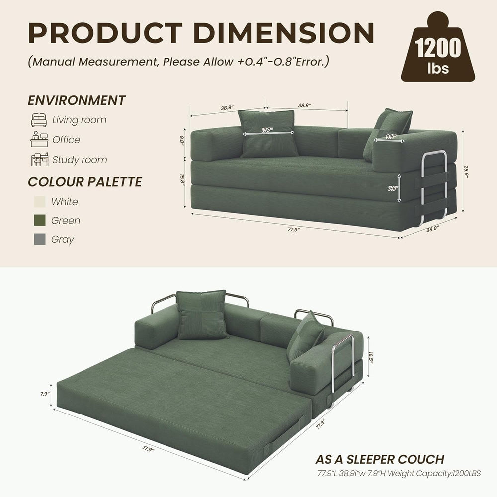 GRUSIGN 78 Inch Convertible Sofa Bed, 5-in-1 Futon Sofa Bed Pull Out Couch, C...