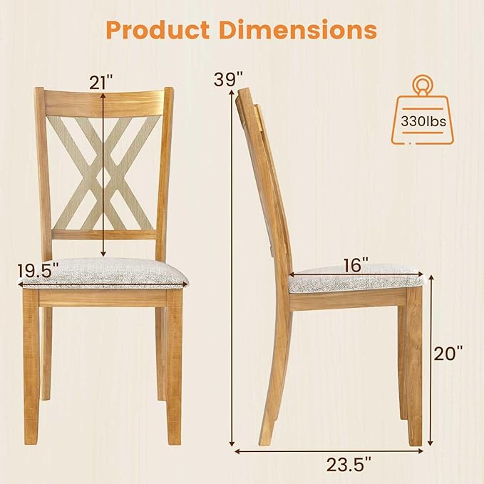 Giantex Wooden Dining Chairs Set of 4, Linen Fabric Upholstered Kitchen Chair w/Rubber Wood Frame, Wide Padded Seat, Curved Cross Back, Farmhouse Side Chairs for Dining Living Room Restaurant