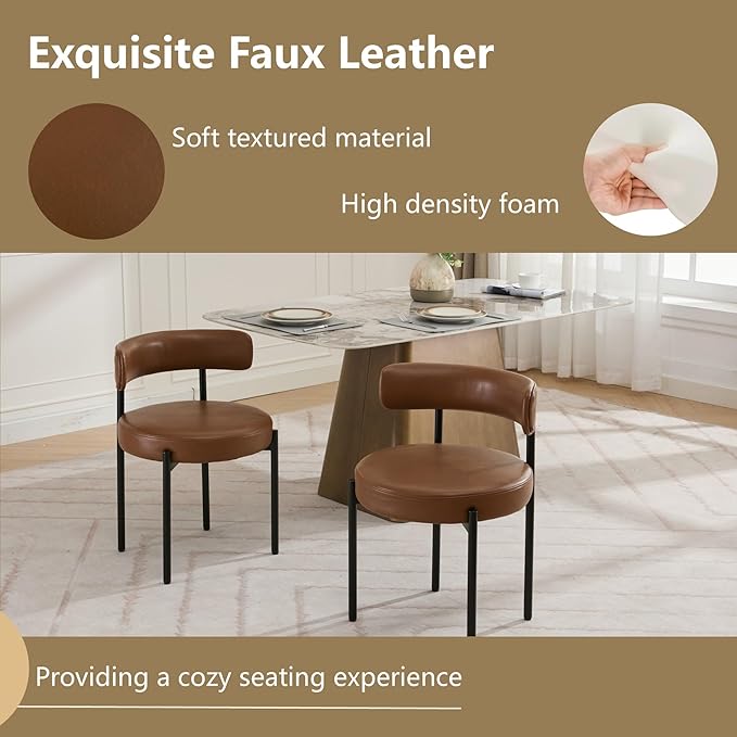 Faux Leather Dining Chairs Set of 4, Upholstered Kitchen and Dining Room Chairs, Mid-Century Modern Dining Chairs with Round Back and Black Metal Legs, Vegan Leather, Brown