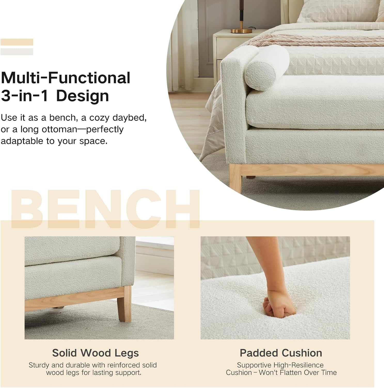 66.34" End of Bed Bench Boucle Fabric Long King Size Bench, White. | Entryway Bench Ottoman Upholstered Extra Long Seat for Bedroom, Entryway, Hallway, Cloakroom, Window Bench.