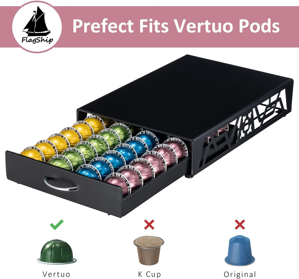 FlagShip Vertuo Pod Holder- Modern Black Metal Coffee Capsule Organizer & Space-Saving Pod Storage for Coffee Machines, Generous 40 Vertuo Pods Capacity