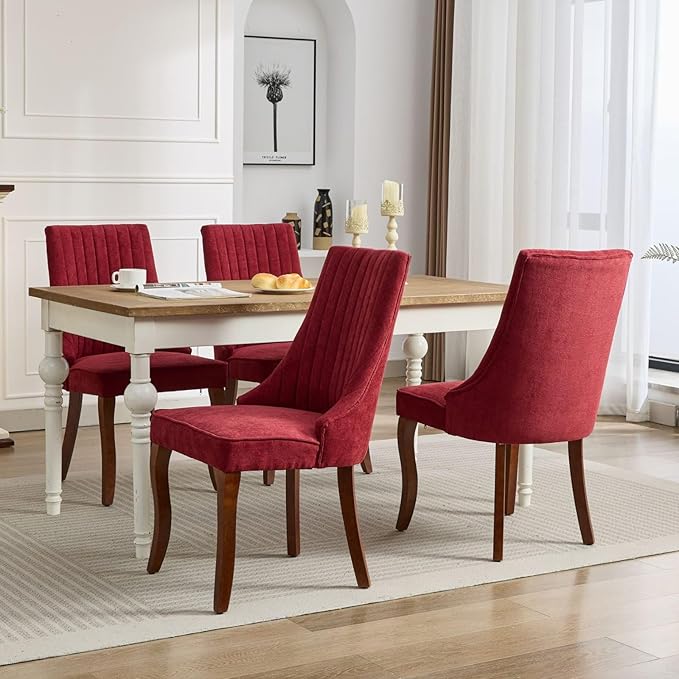 Dining Chairs Set of 6,Comfy Fabric Upholstered Accent Chairs for Kitchen Living Room,Channel Tufted Dining Room Chairs with Curved Solid Wood Legs(Wine Red)