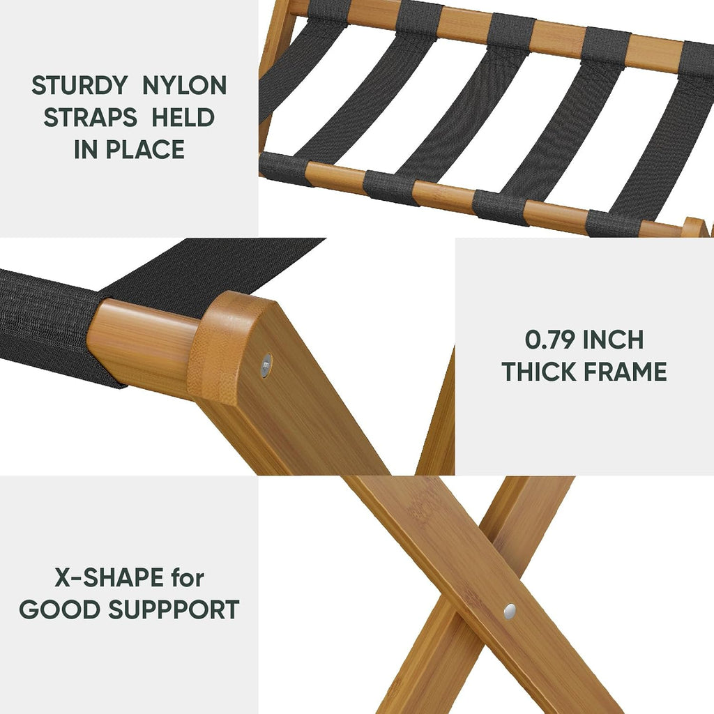 Smart FENDEE Luggage Rack, Folding Luggage Rack for Guest Room, Walnut Bamboo Suitcase Stand Holds up to 131 lb, Luggage Stand with Storage Shelf for Hotel, Bedroom (1 Pack)