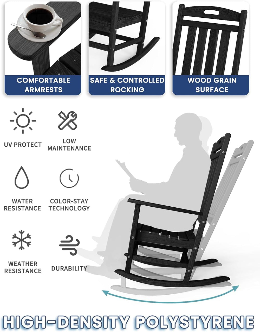 Oversized Outdoor Rocking Chair, HDPE Plastic High Back Rocking Chairs | Wood...