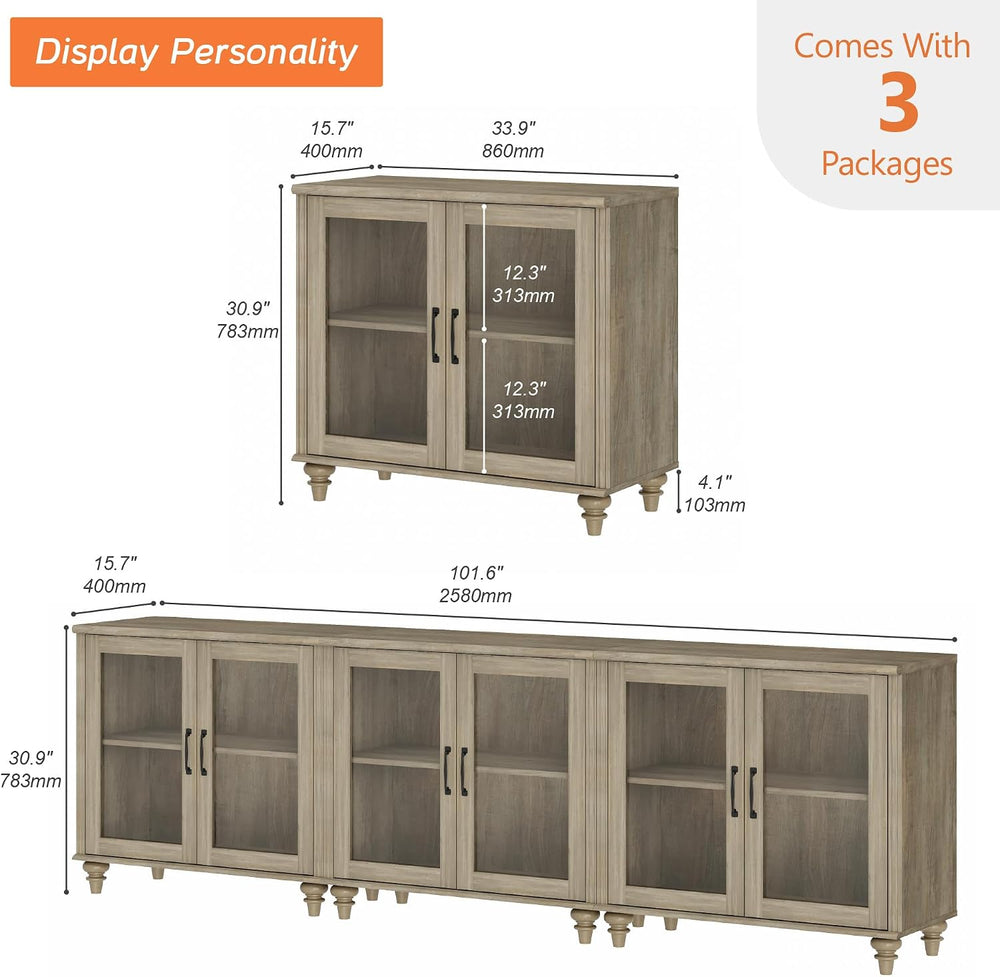 WAMAPT Farmhouse Sideboard Credenza with 6 Glass Doors, Large Coffee Bar Tabl...