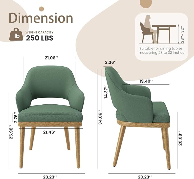 Wooden Dining Chairs Set of 2, Modern Fabric Upholstered Dining Room Chair, Kitchen Side Chairs, Farmhouse Dinner Chair with Open Back for Kitchen, Green