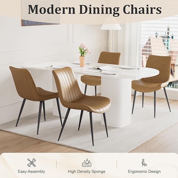 Dining Chairs Set of 4, Leather Modern Kitchen & Dining Room Chairs, Comfortable Upholstered Kitchen Chairs with Metal Legs Armless Side Chairs for Living Room Bedroom Restaurant Cafe, Brown
