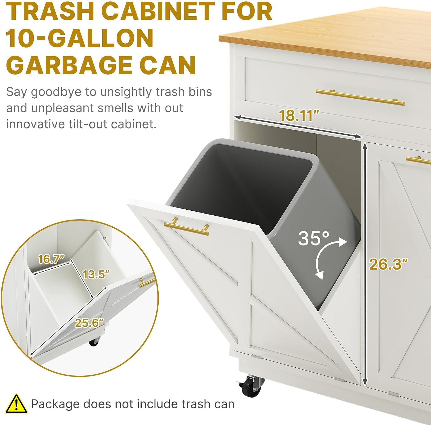 DWVO Rolling Kitchen Island with Double Tilt Out 10 Gallon Trash Can Cabinet Power Outlet