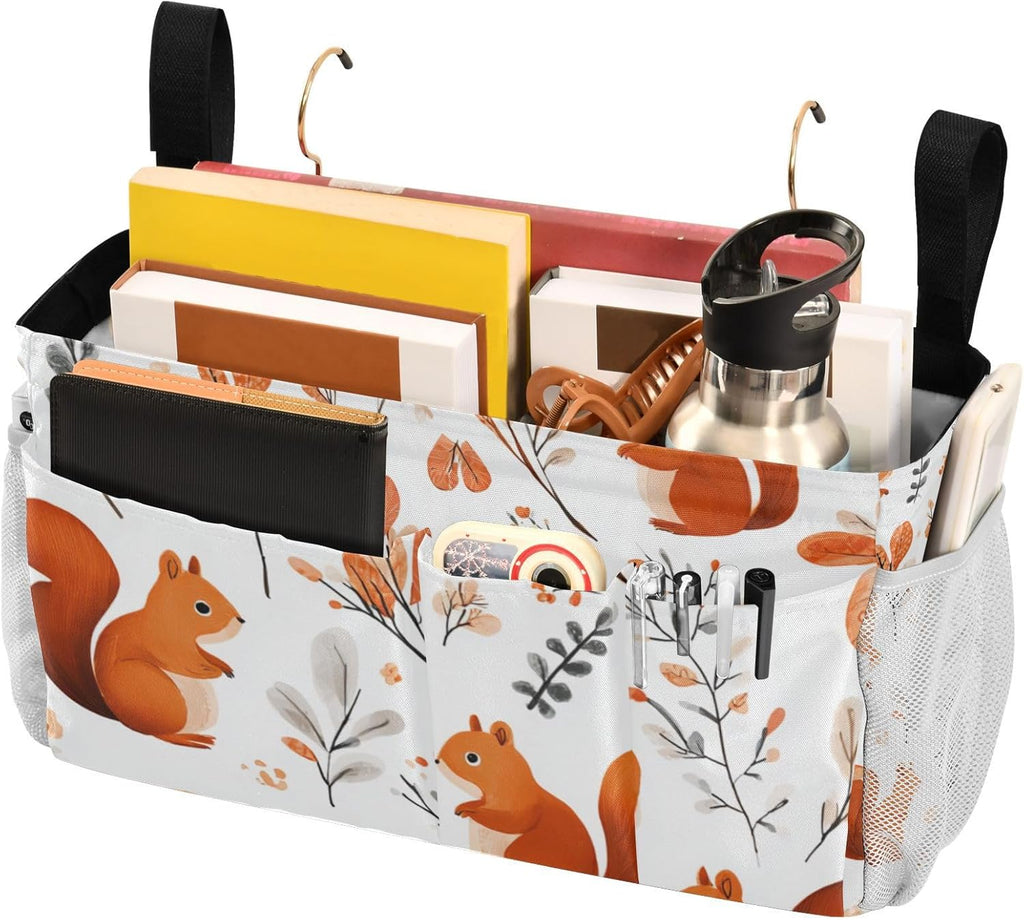 Squirrels and Fall Leaves Bedside Caddy for Dorm Bed Bedside Hanging Caddy Bag Iron Frame Storage Organizer Pocket for Bunk Home College Hospital Beds 2 Hooks