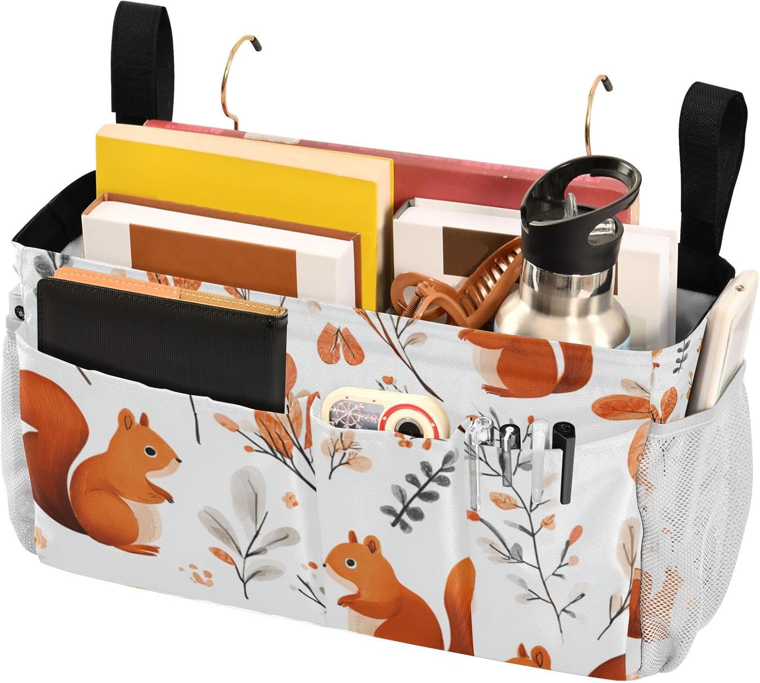 Squirrels and Fall Leaves Bedside Caddy for Dorm Bed Bedside Hanging Caddy Bag Iron Frame Storage Organizer Pocket for Bunk Home College Hospital Beds 2 Hooks