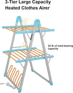 Electric Heated Clothes Drying Rack,Foldable Heated Garment Dryer with Timer Shut-Off Laundry Rack for Clothes Shoes Socks,Aluminum Alloy,Blue,Plug & Play,(39.37x25.98x23.82in)