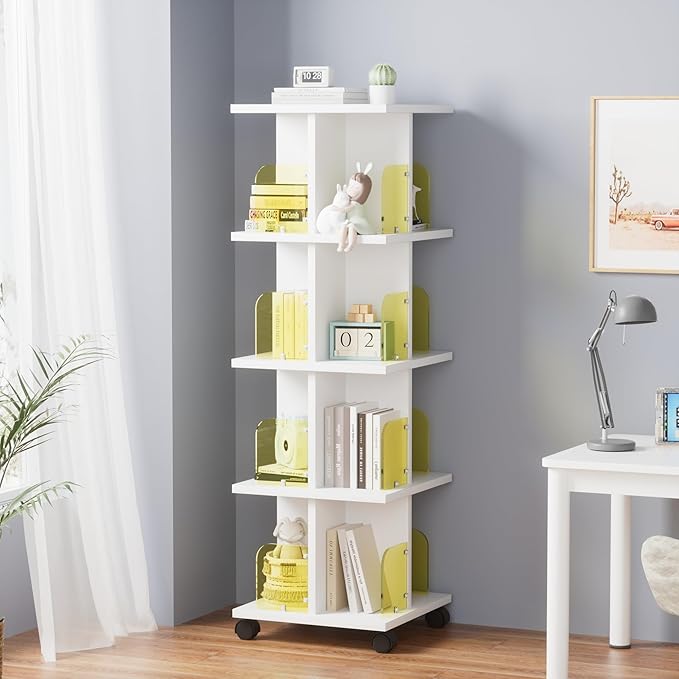 VECELO 4-Tier Rotating Bookshelf, Modern Swivel Bookcase, Vintage Book Shelf for 360° Display, Stackable Shelves Floor-Standing Storage for Home Office, Solid Wood, Smooth Spinning, White