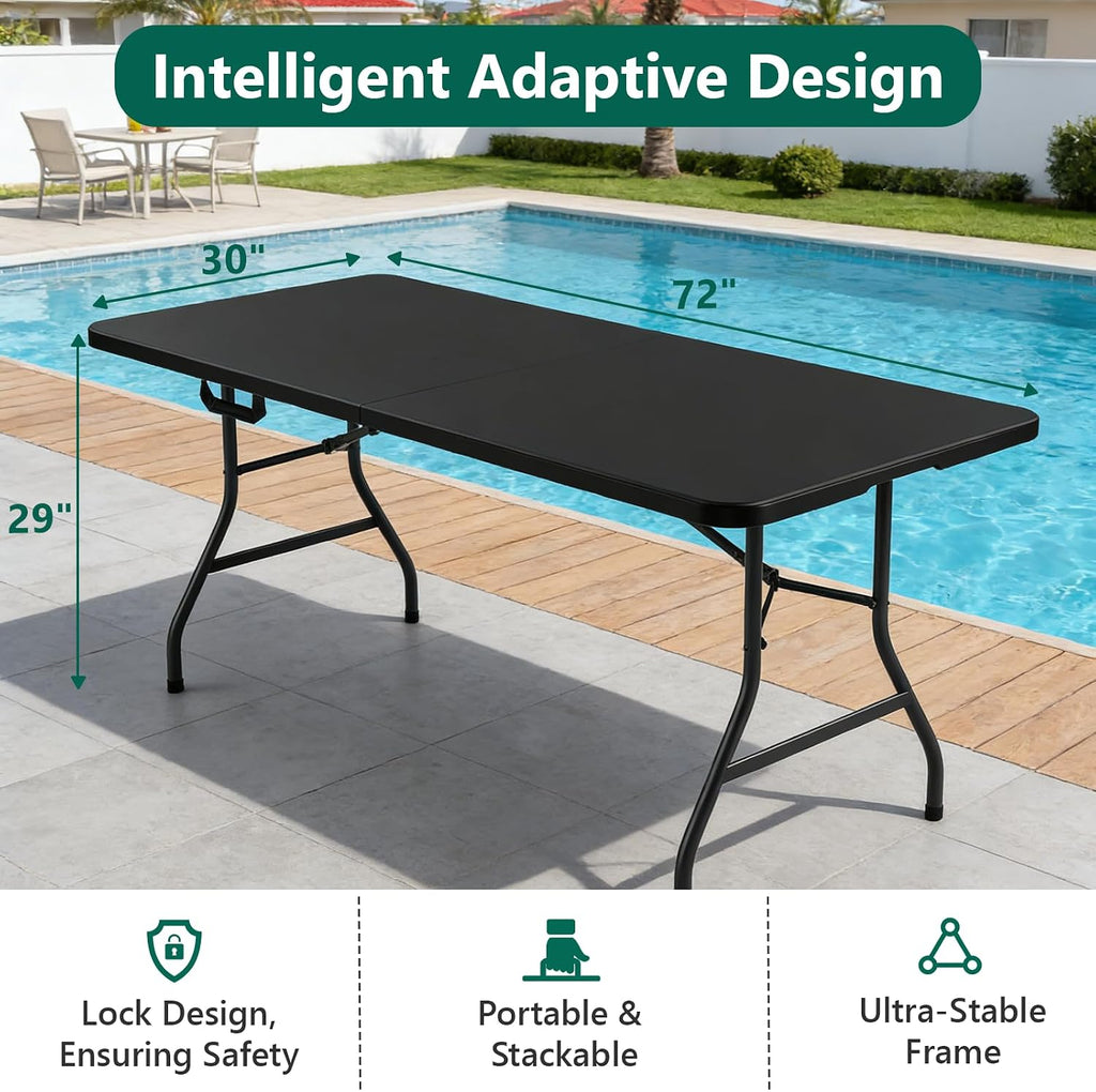 Folding Table 6FT Heavy Duty Plastic Table with Handle, Foldable&Portable, Fold-in-Half Utility Tables for Outdoor, Dining, Wedding, Events, Indoor, Picnic, Camping, Party, Black