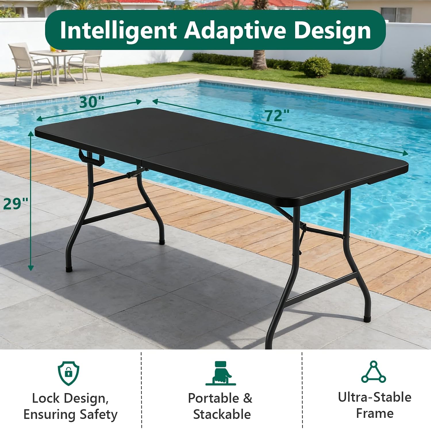 Folding Table 6FT Heavy Duty Plastic Table with Handle, Foldable&Portable, Fold-in-Half Utility Tables for Outdoor, Dining, Wedding, Events, Indoor, Picnic, Camping, Party, Black