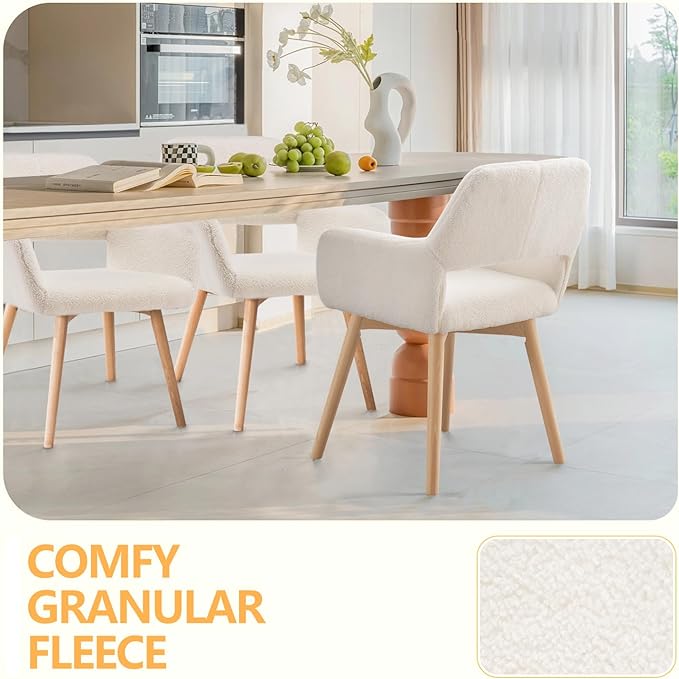 Mid Century Modern Dining Chairs Set of 4 & 2 & 6 Comfy Accent Chair Upholstered Kitchen Dining Living Room Chairs for Bedrooms Waiting Room Home Arm Desk Chair No Wheels (Wool White, 4)