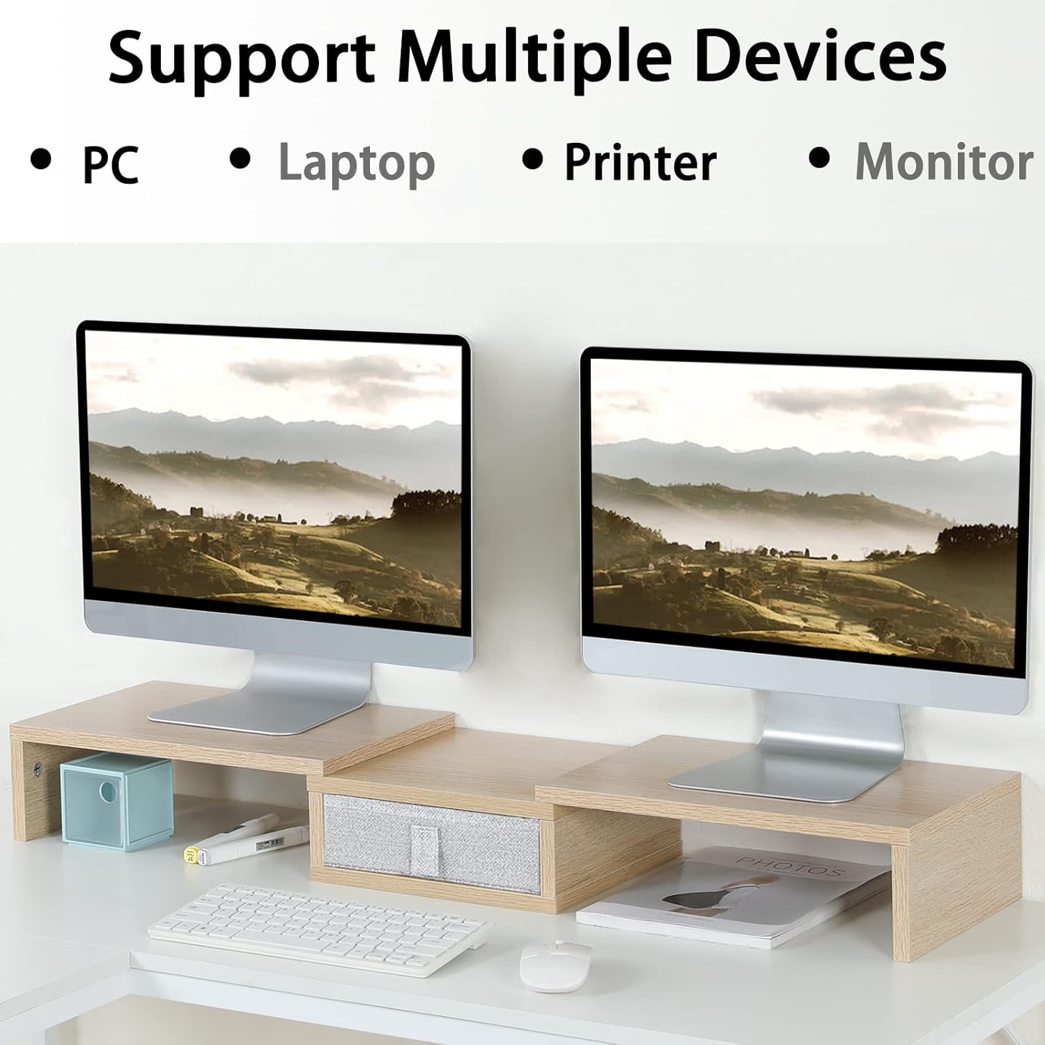 TEAMIX 3 Shelf Monitor Stand Riser with Drawer-Length and Angle Adjustable Dual Monitor Riser with Storage Corner Desk Shelf Organizer Large Computer Stand for 2 Monitors/Laptop (Maple, 1 Drawer)