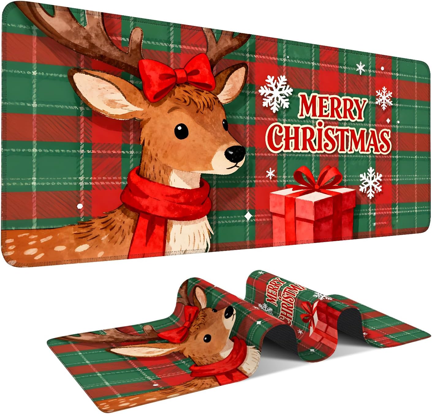 Merry Christmas-Elk Gaming Mouse Pad 35.4"x15.7"Desk Mat Anti-Slip Rubber Base & Durable Stitched Edges for Gamers Smooth Mouse Writing Surface for Desk Office/Home