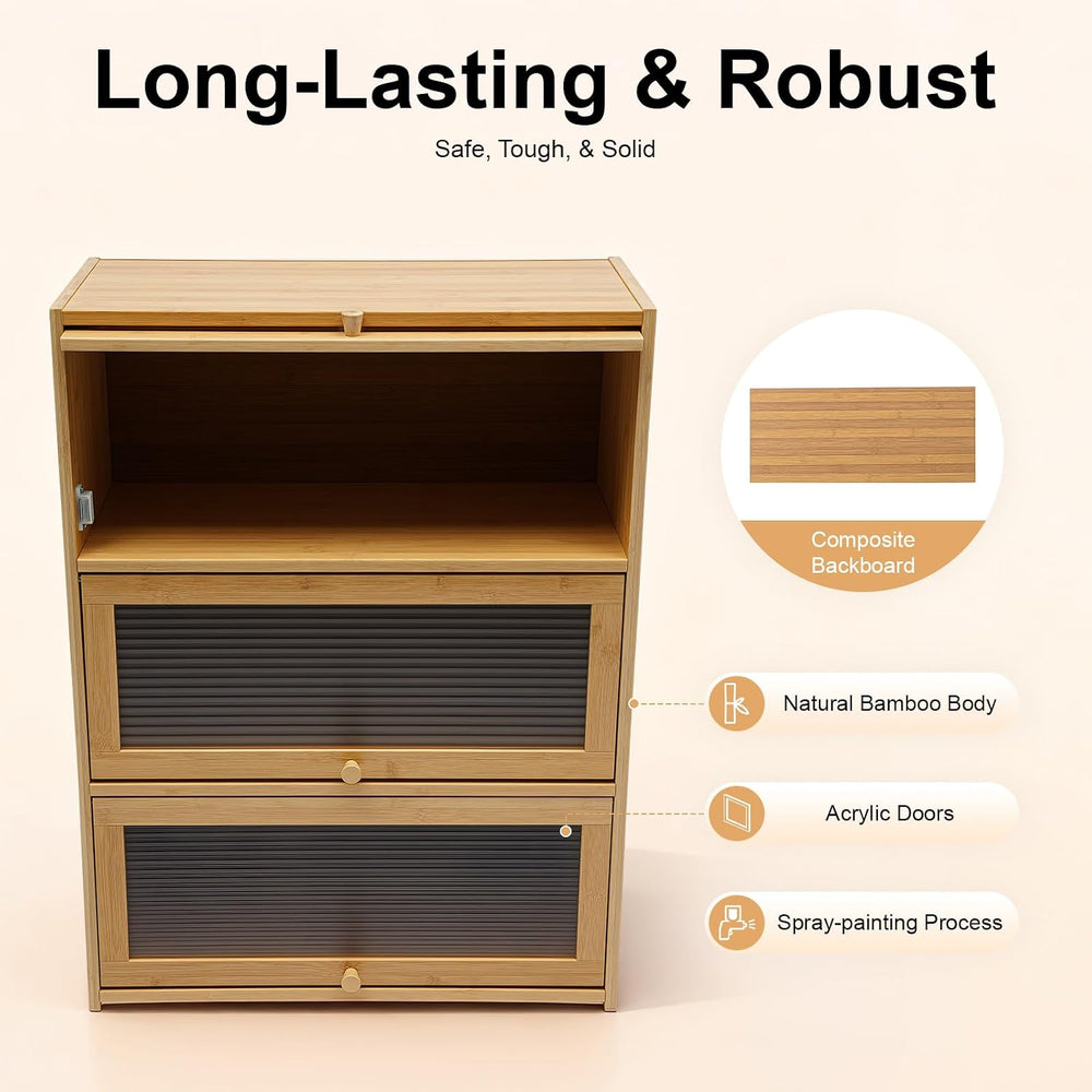 Kitchen Pantry Sideboard Small Bamboo Cabinet with 3 Clear Acrylic Doors Free...