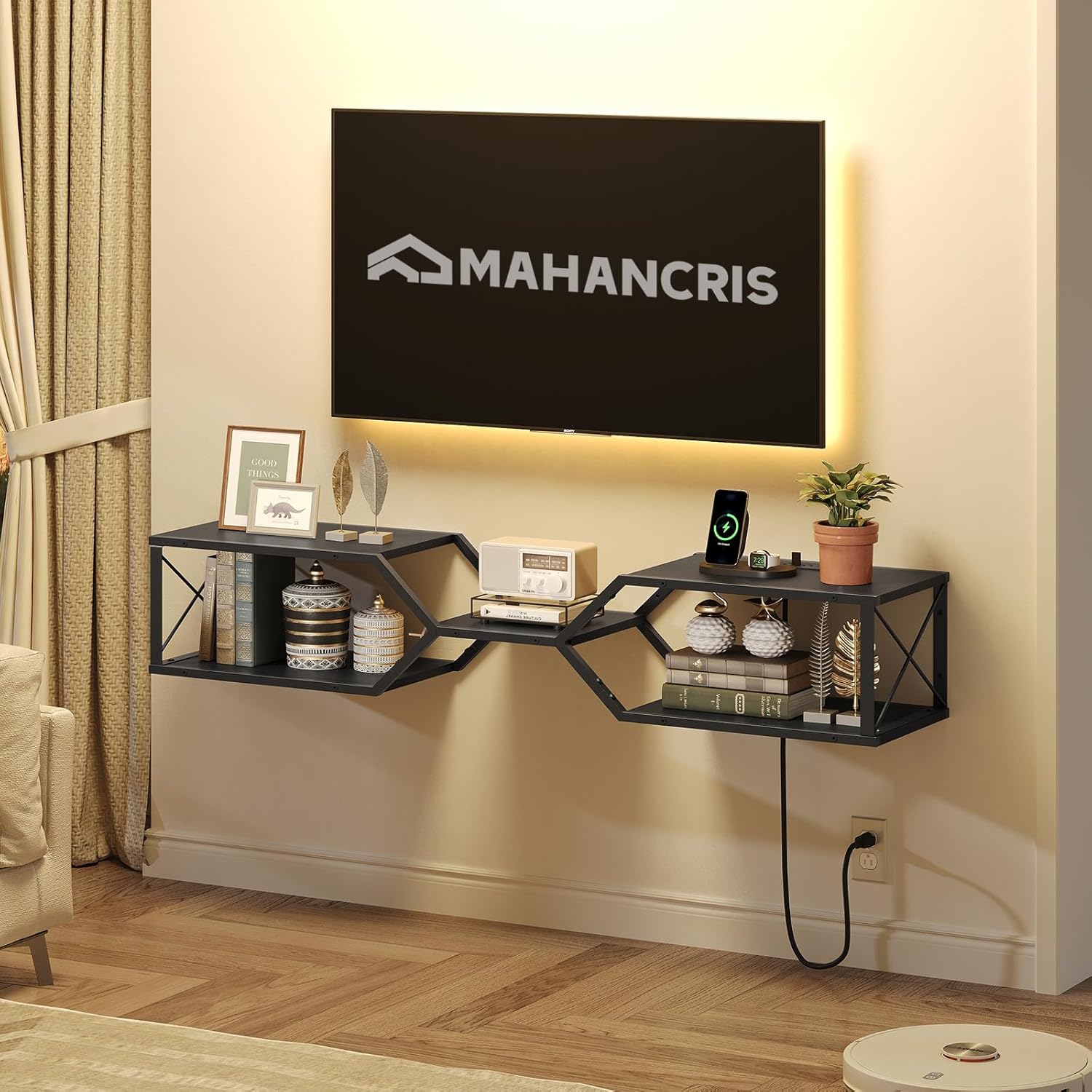 MAHANCRIS Floating TV Stand with Power Outlet, Wall-Mounted TV Shelf with X-Shaped Frame, Floating Entertainment Center with Storage, for Living Room, Bedroom, Black TVBK301E01