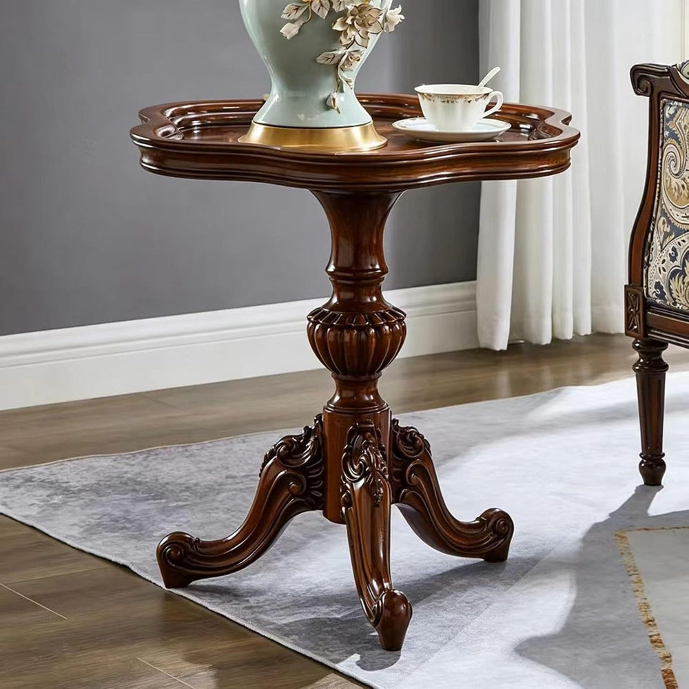 Solid Wood Carved Side Table, Vintage Round End Table with Raised Edge, Tripo...