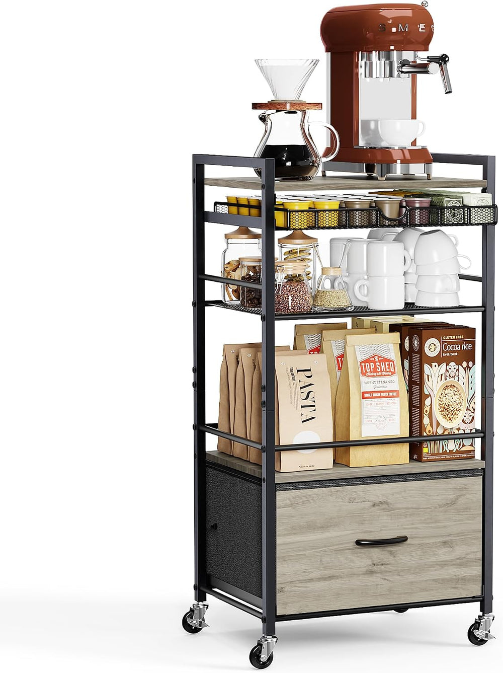 Coffee Bar Cabinet with Storage，5 Tier Coffee Station Table on Wheels, 33.6&q...