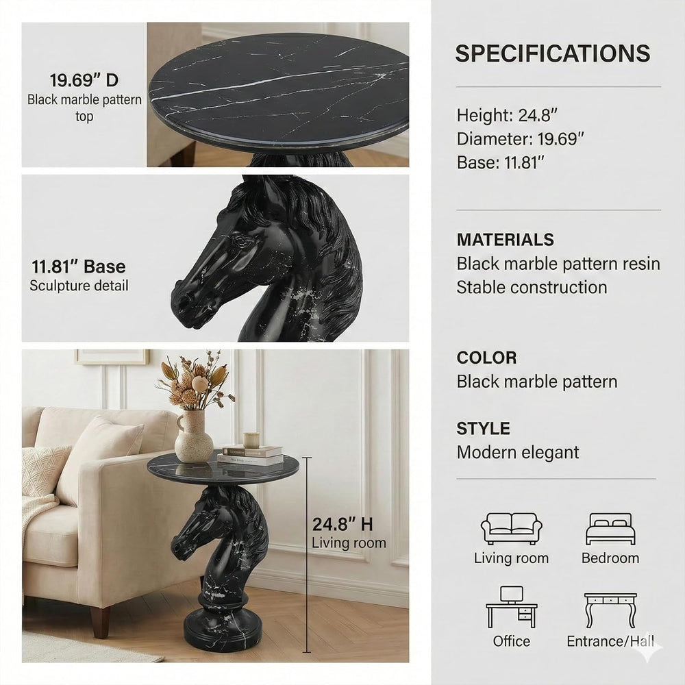 Horse Head Side Table, Faux Marble Round End Table with Resin Sculpture Pedes...