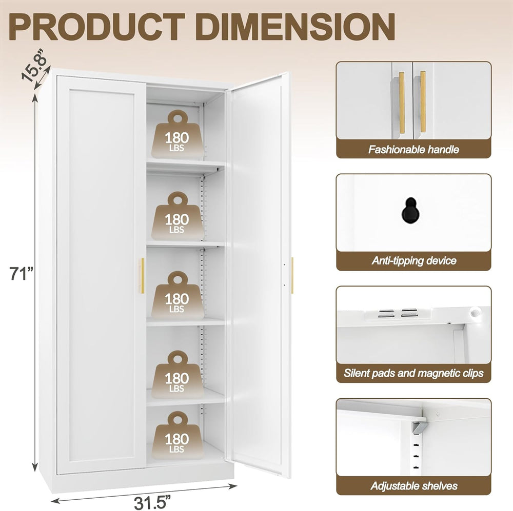 71" Tall White Metal Pantry Cabinet, Freestanding Storage Cupboard with ...