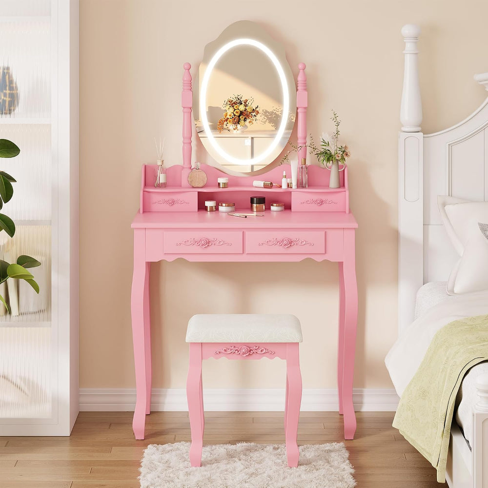 Vanity Desk with Mirror and Lights, Makeup Table with Cushioned Stool Set | M...